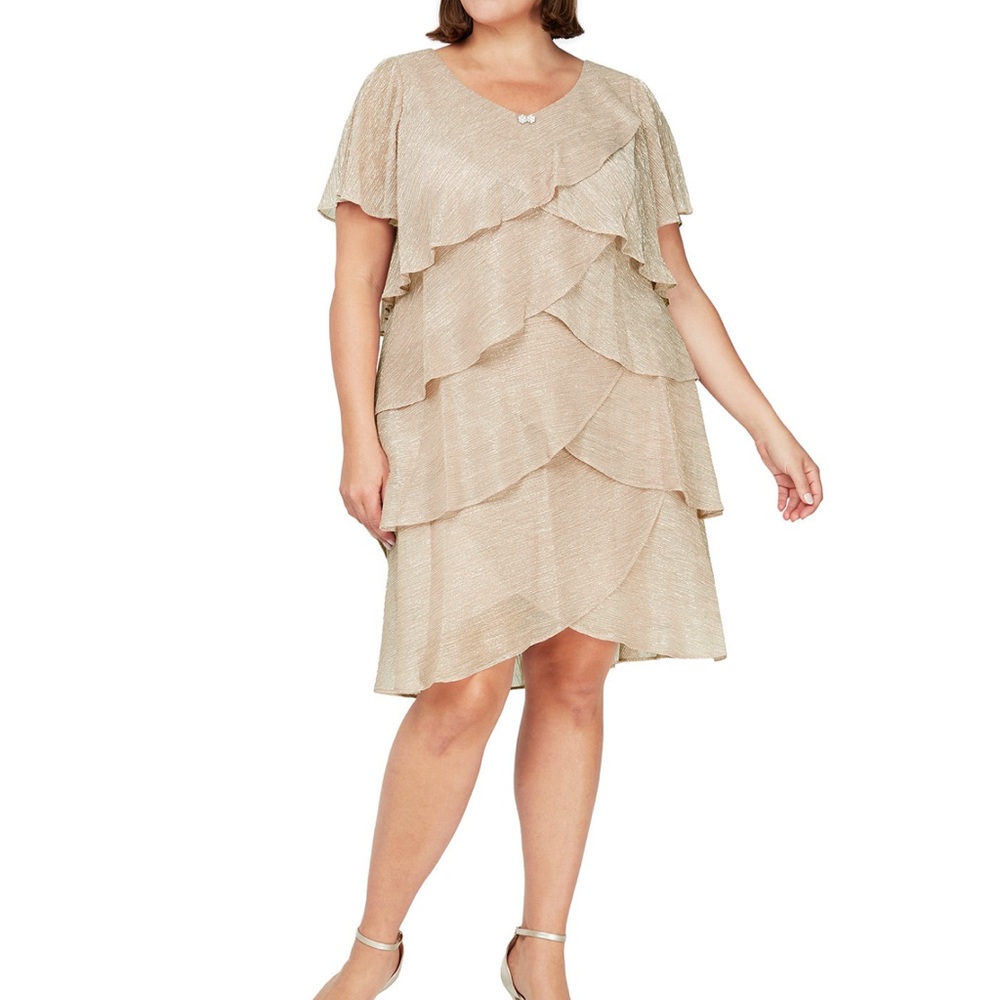 NWT SLNY Tiered Shimmer Shift Dress, Gold, Plus Size, 18
